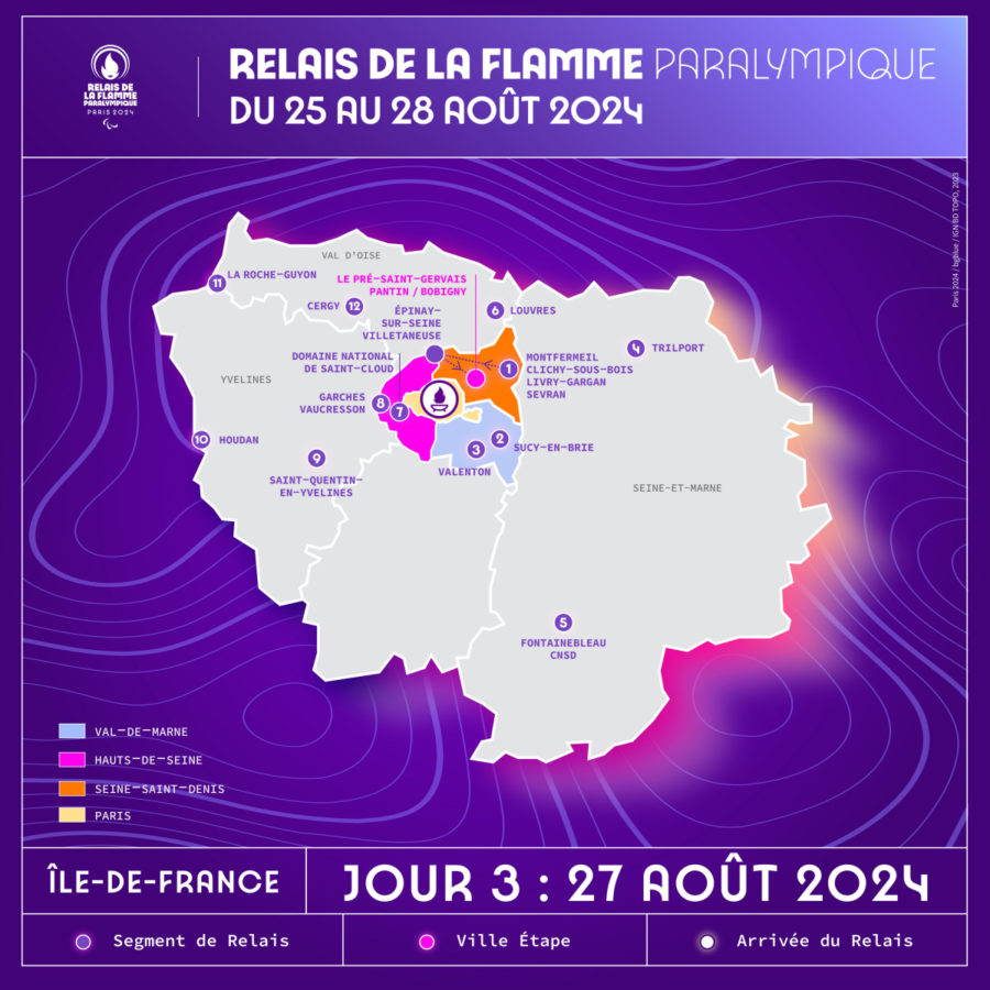 Carte du 3e jour du relais de la Flamme paralympique, le 27 août 2024 ©Paris 2024